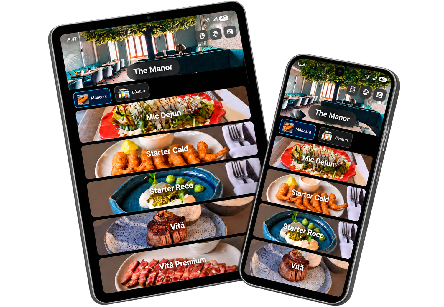 OmniMenu afișat pe telefon și tabletă